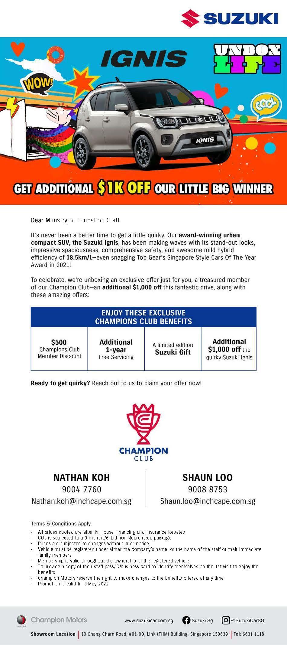 Champion Club Programme - Additional $1,000 Off Suzuki Ignis | Ministry ...